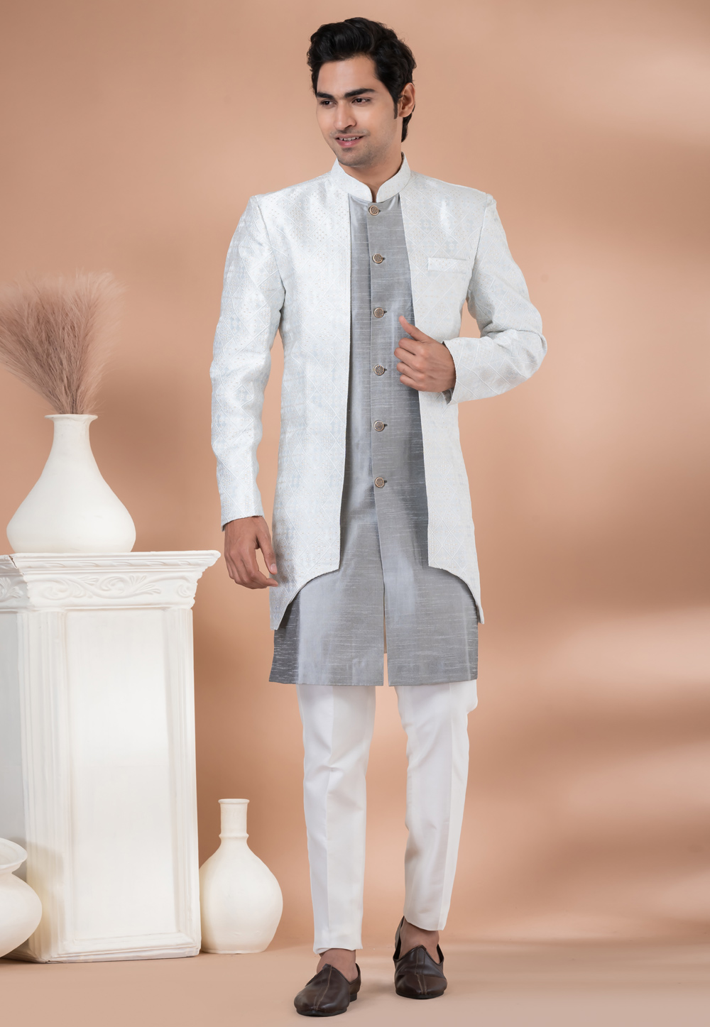 Grey Jacquard Indo Western Suit 283132