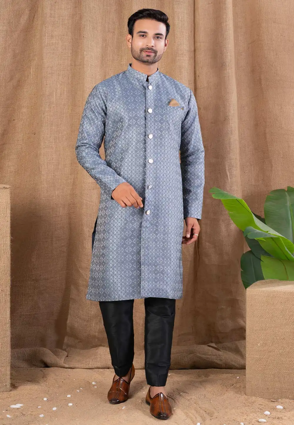 Grey Jacquard Indo Western Suit 316472