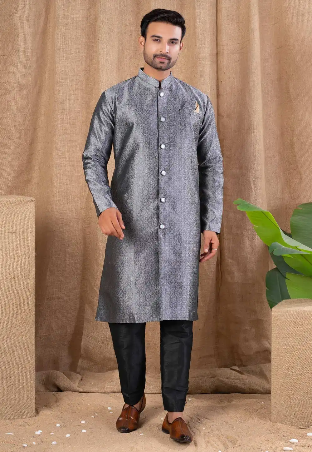 Grey Jacquard Indo Western Suit 316473