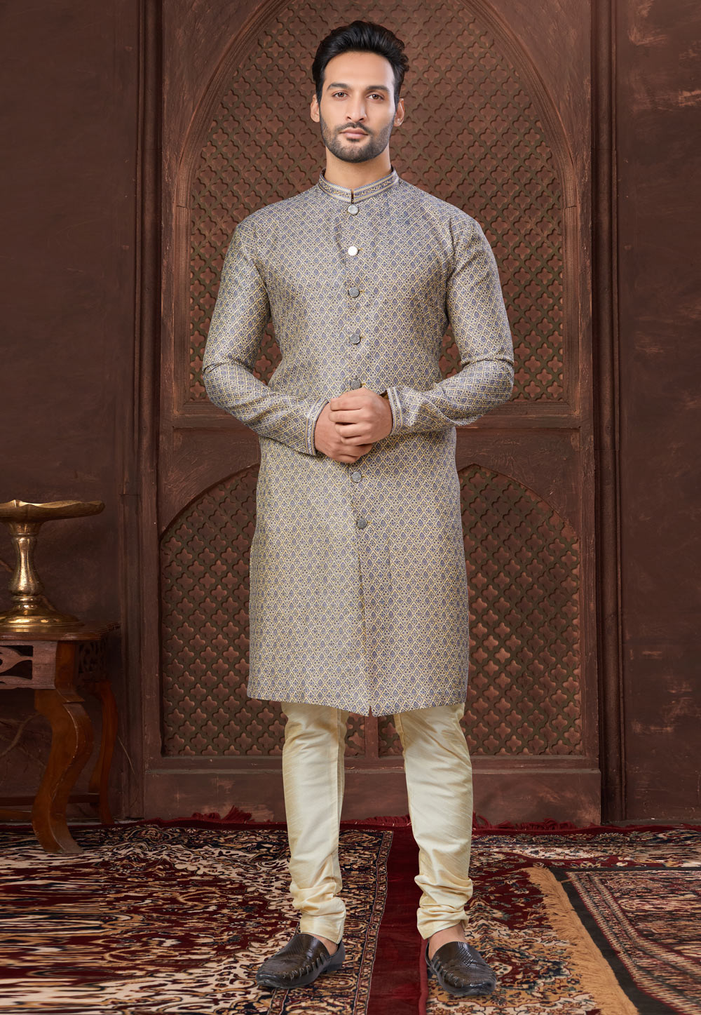 Grey Jacquard Indo Western Suit 307661
