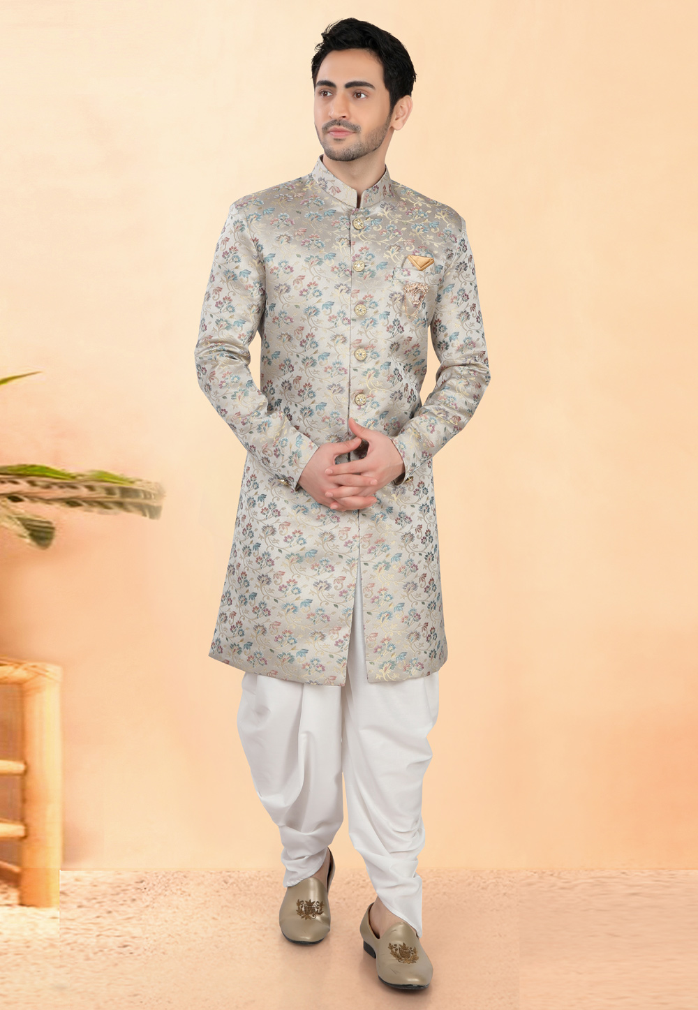 Grey Jacquard Indo Western Suit 308638
