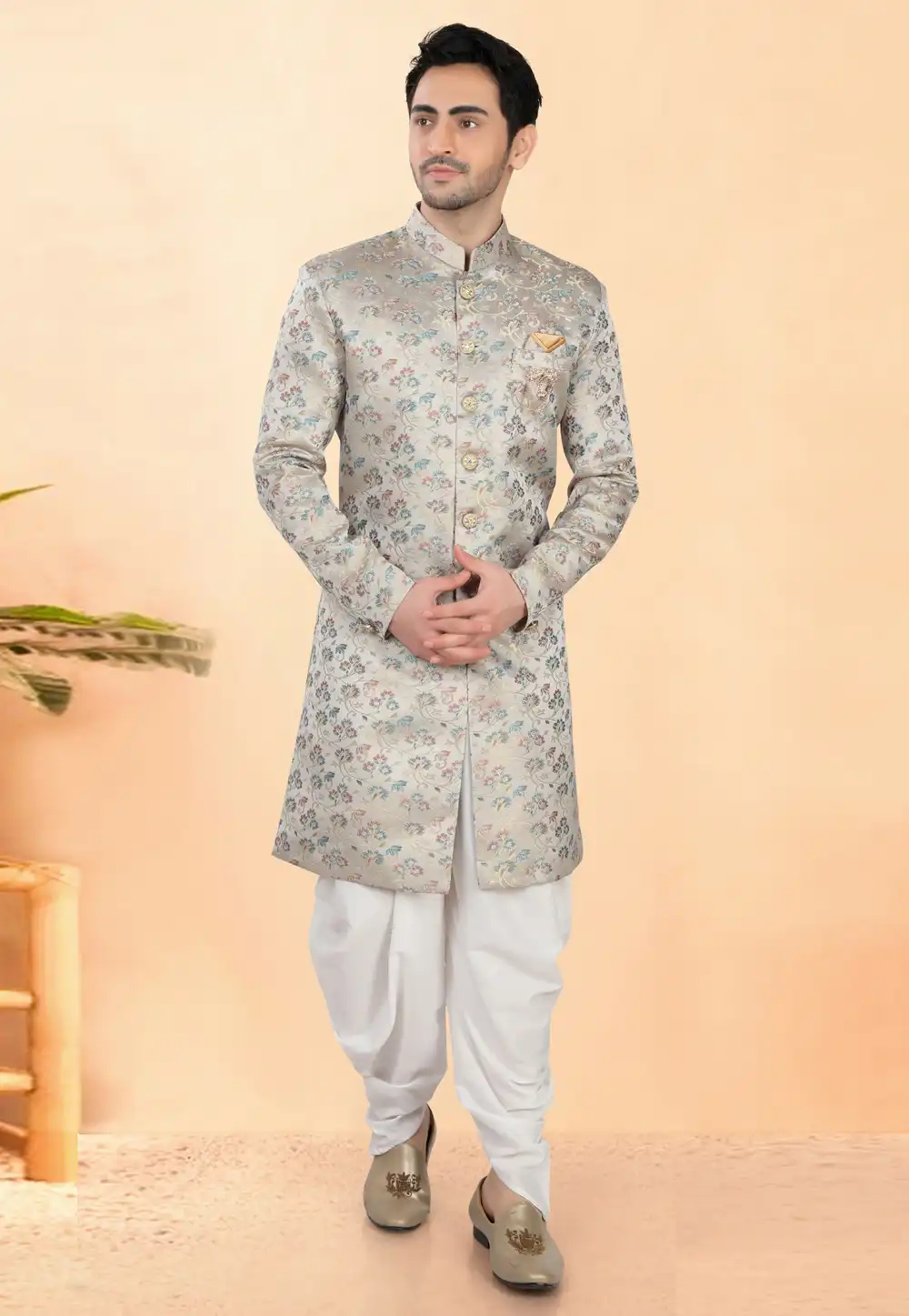 Grey Jacquard Indo Western Suit 308638