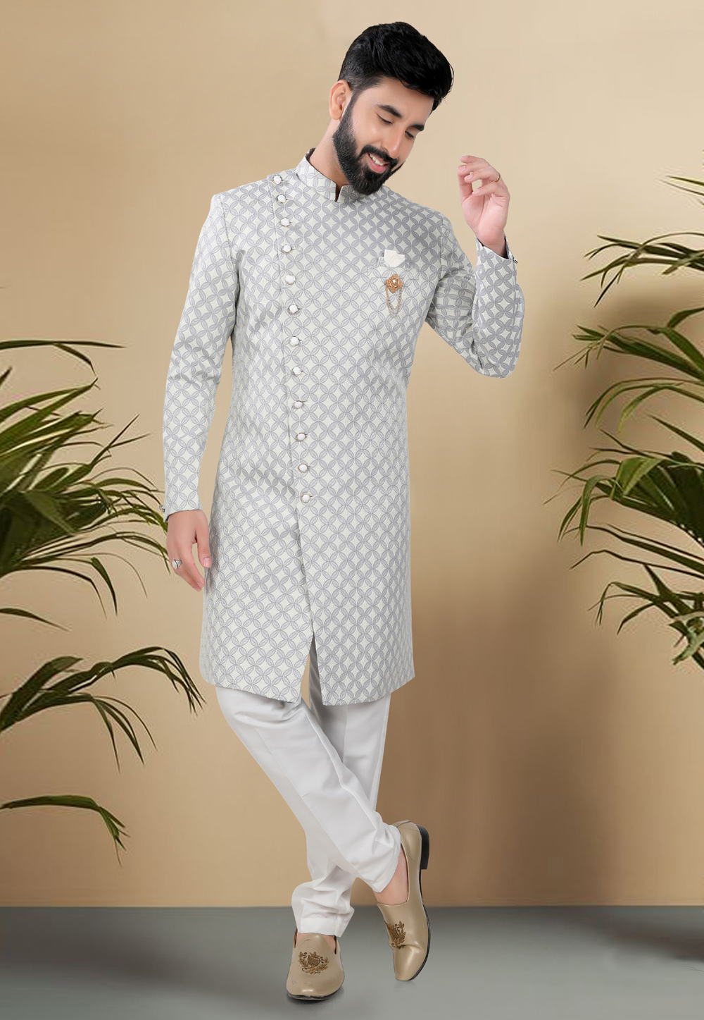 Grey Jacquard Indo Western Suit 313072