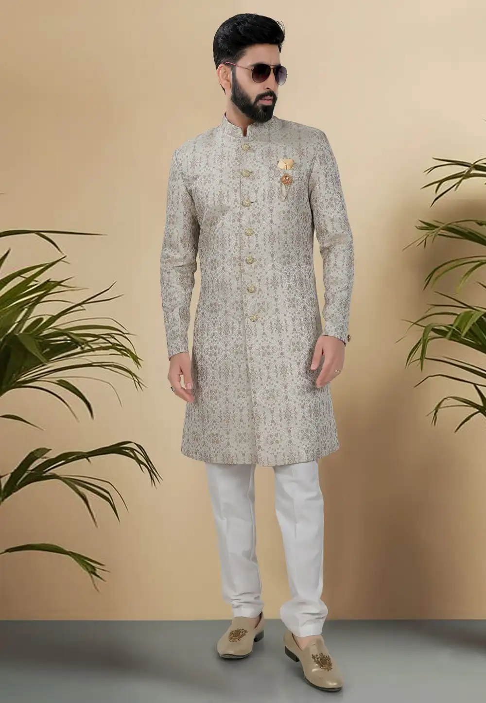 Grey Jacquard Indo Western Suit 313075