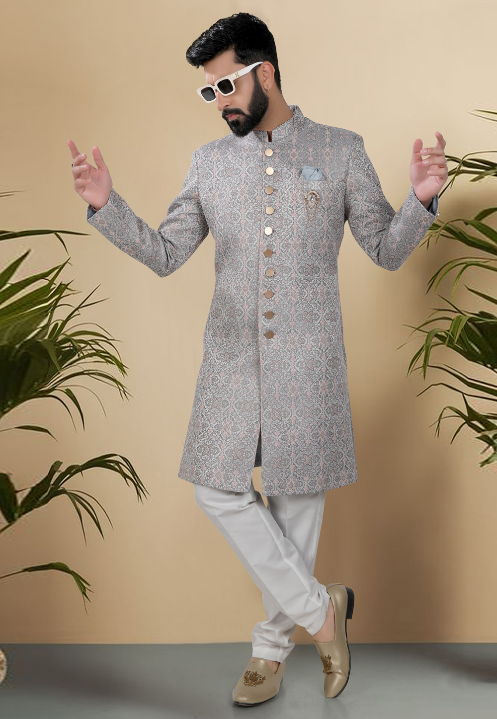 Grey Jacquard Indo Western Suit 313076