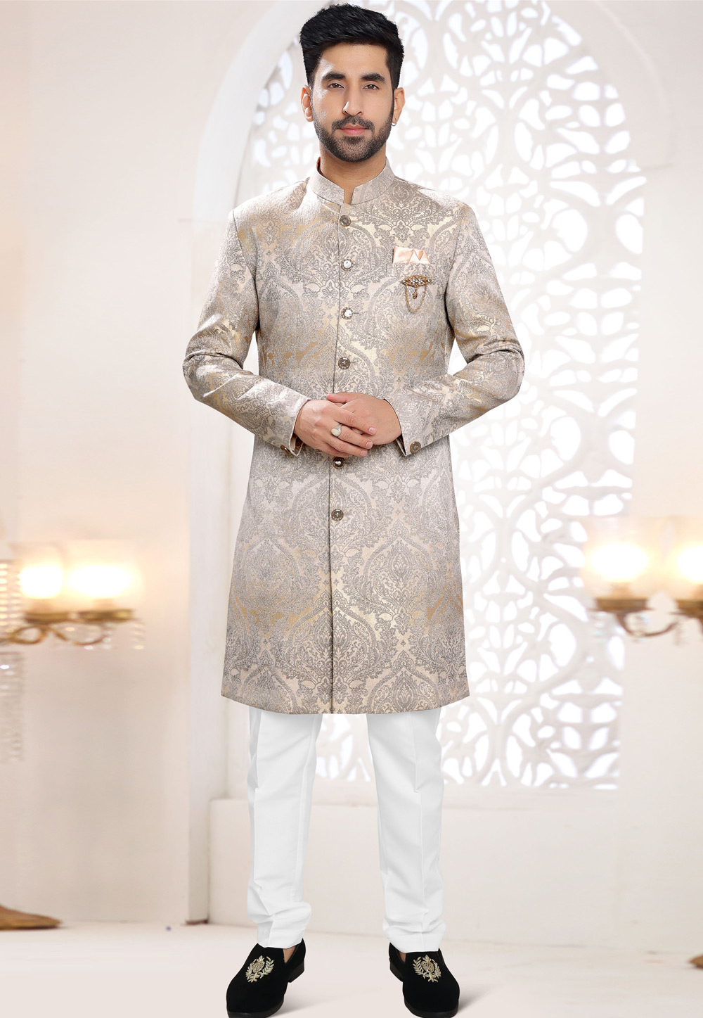 Grey Jacquard Indo Western Suit 306428