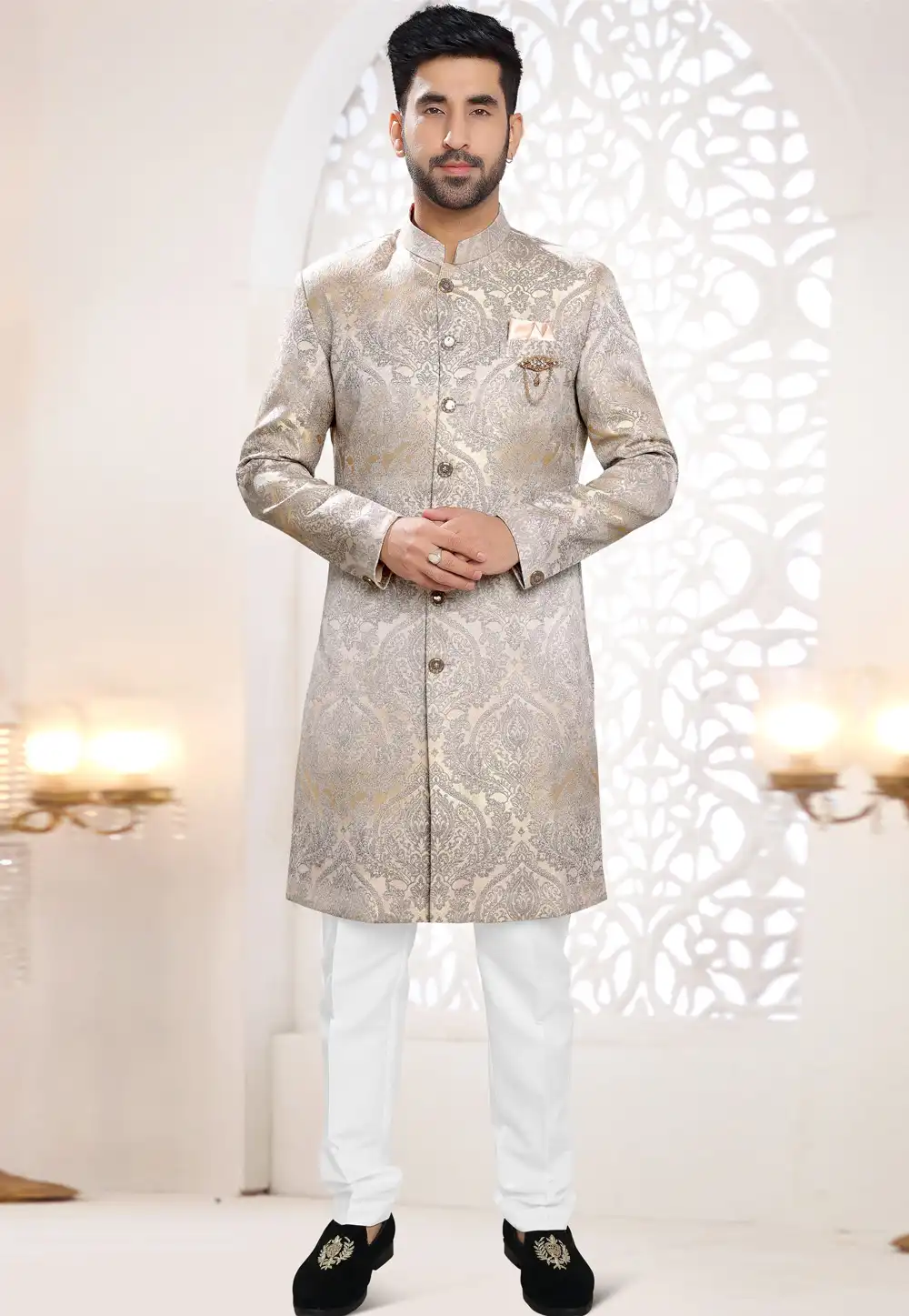 Grey Jacquard Indo Western Suit 306428