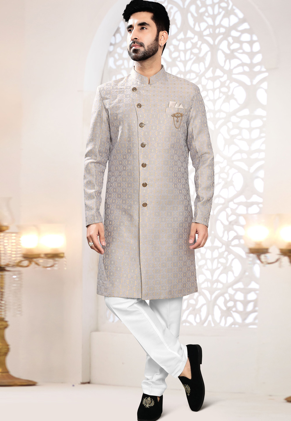 Grey Jacquard Indo Western Suit 306436