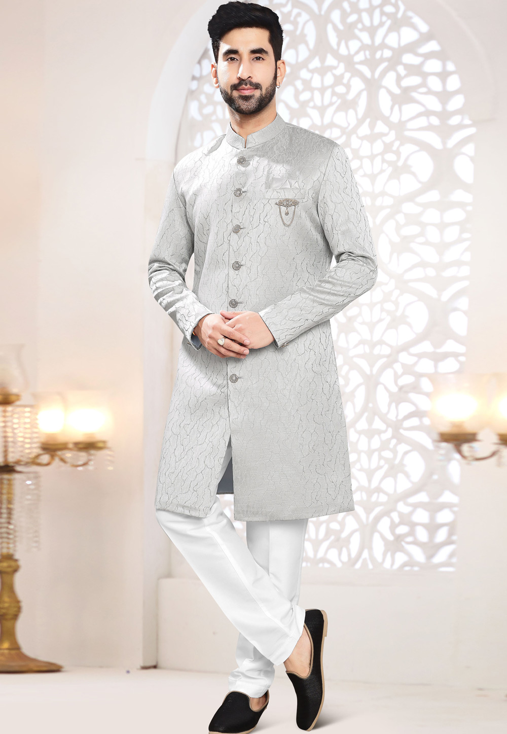 Grey Jacquard Indo Western Suit 306441