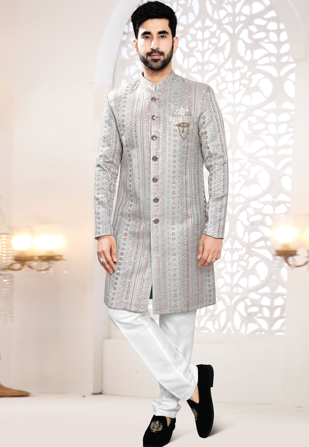Grey Jacquard Indo Western Suit 306454