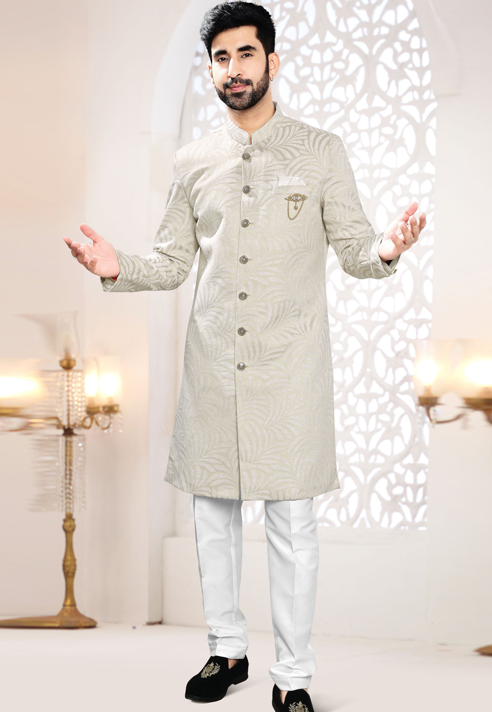 Grey Jacquard Indo Western Suit 306463