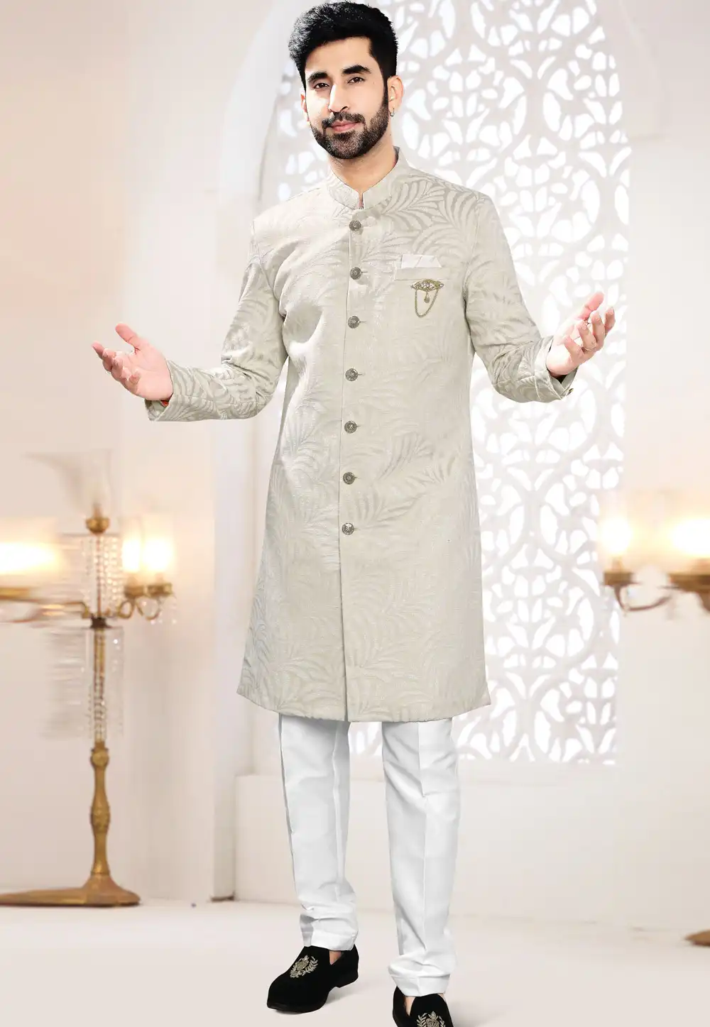 Grey Jacquard Indo Western Suit 306463