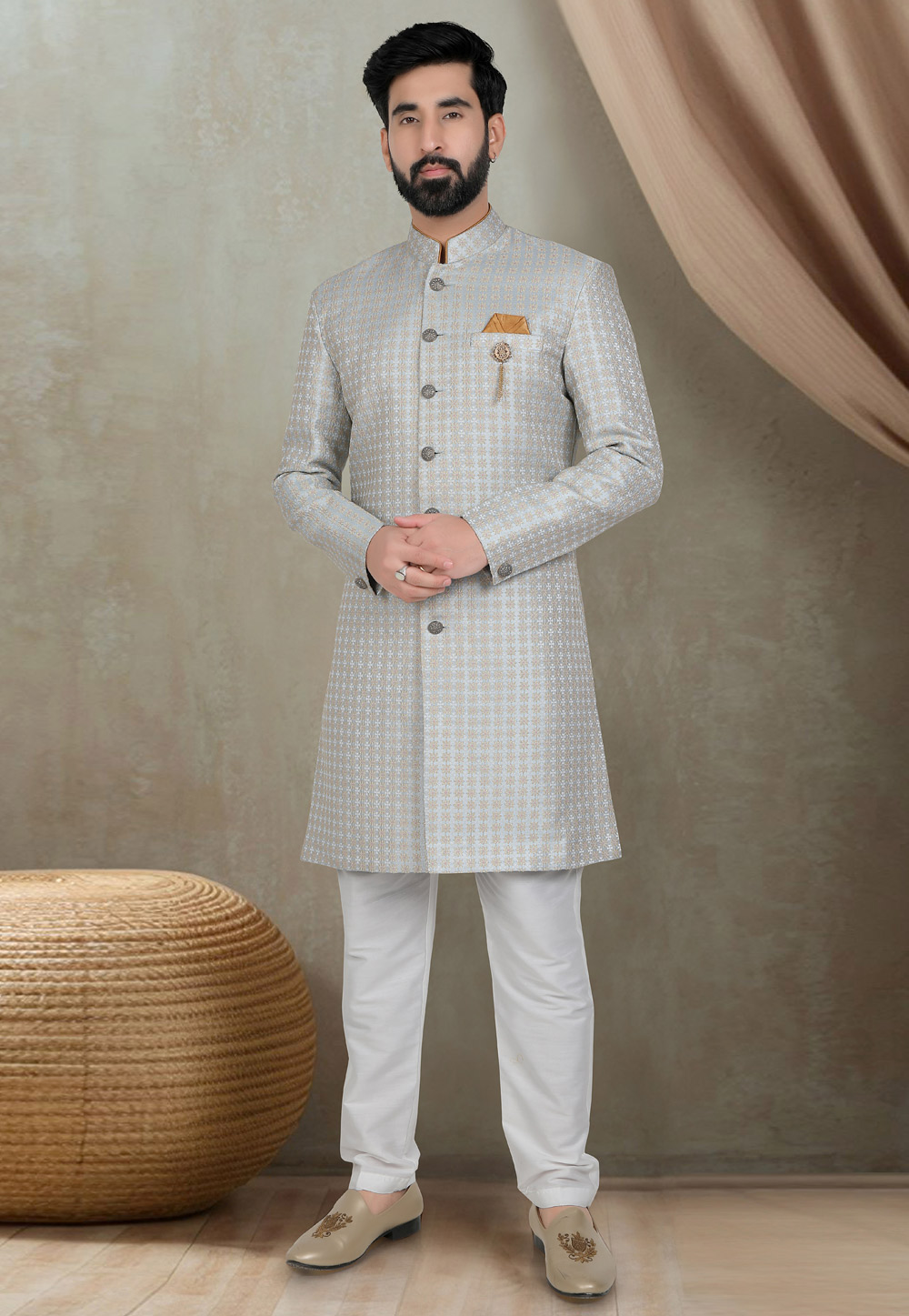 Grey Jacquard Indo Western Suit 311754