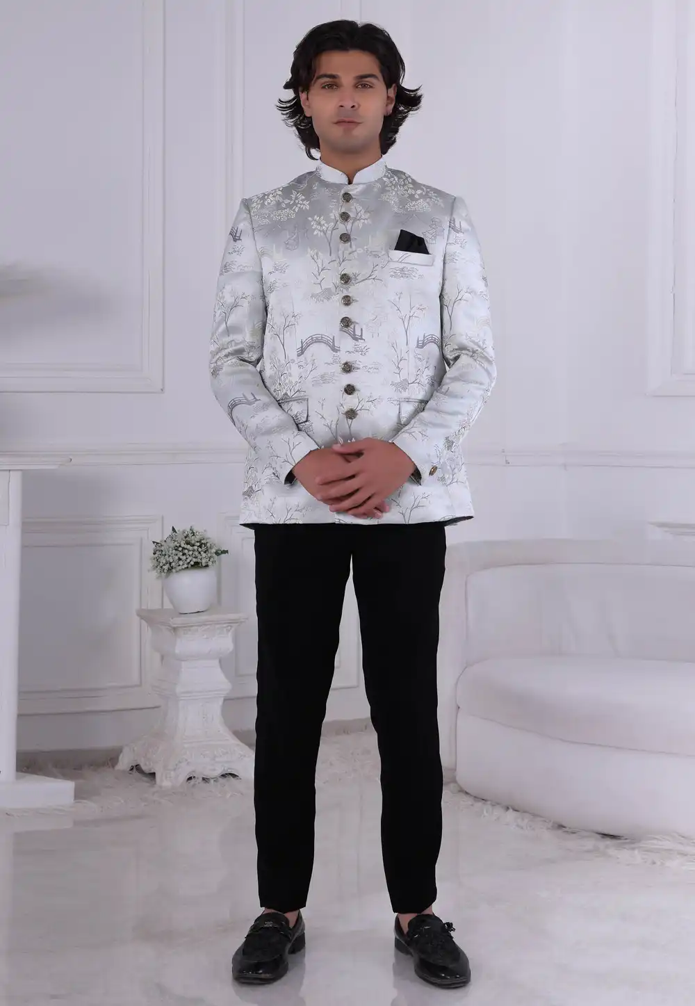 Grey Jacquard Jodhpuri Suit 315014