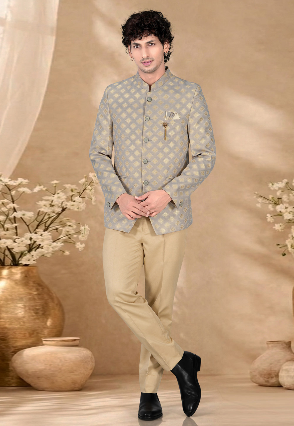 Grey Jacquard Jodhpuri Suit 328452