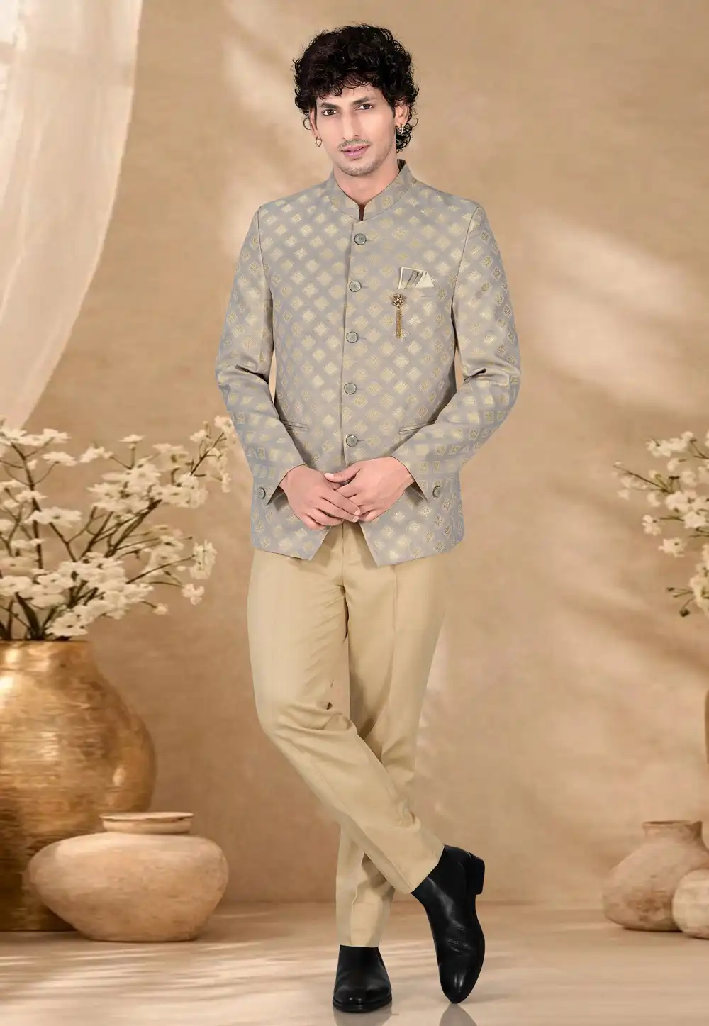 Grey Jacquard Jodhpuri Suit 328452