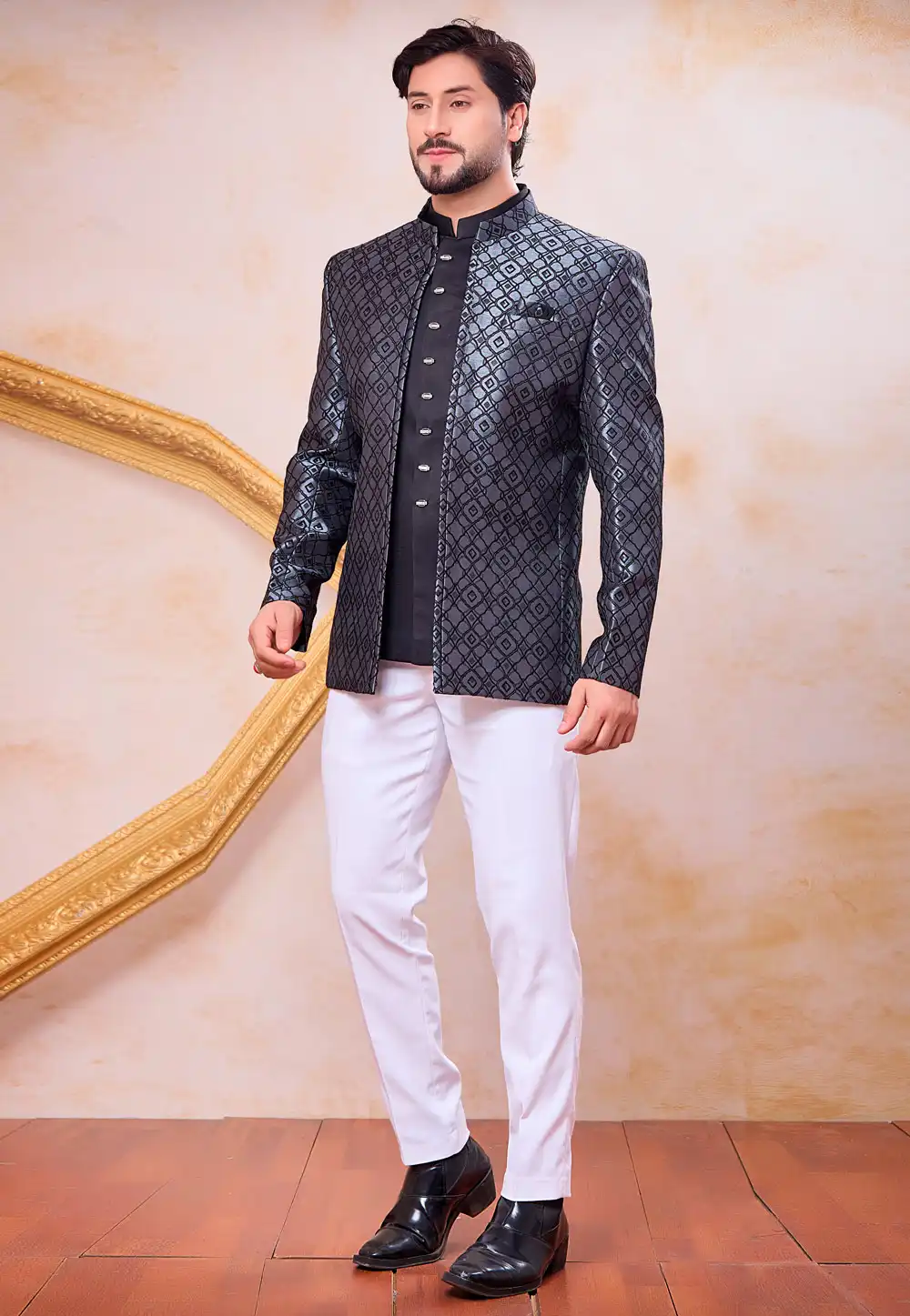 Grey Jacquard Jodhpuri Suit 327091
