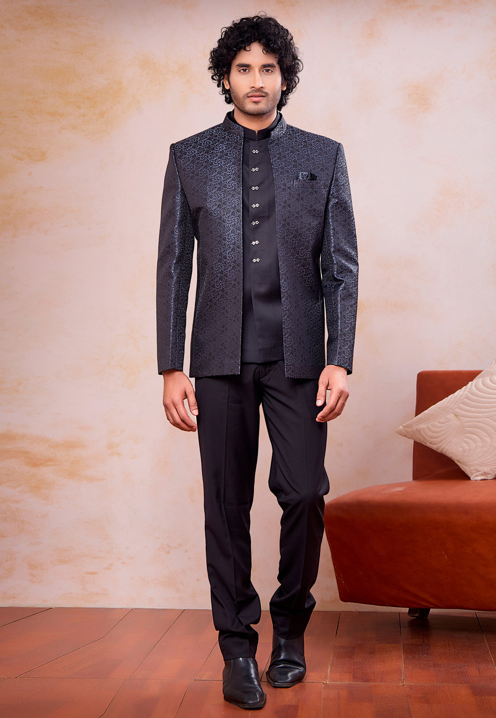 Grey Jacquard Jodhpuri Suit 327094