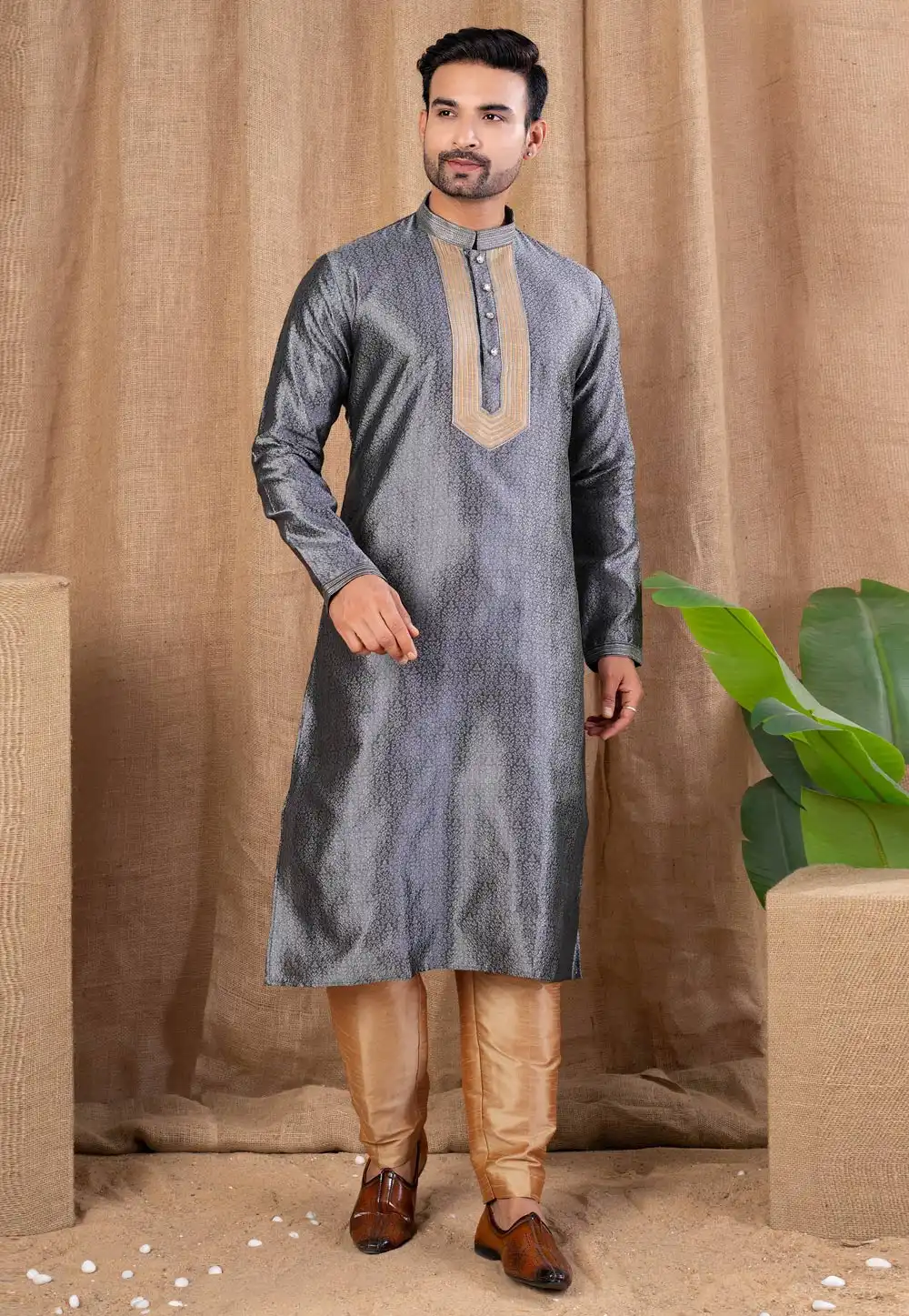 Grey Jacquard Kurta Pajama 316426