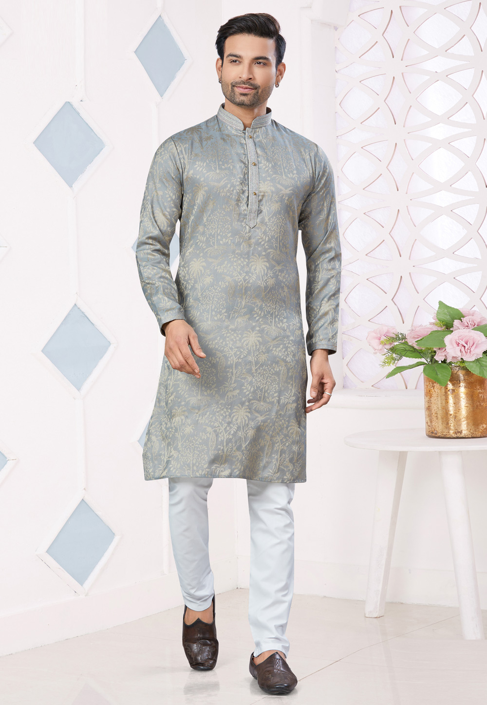 Grey Jacquard Kurta Pajama 306678