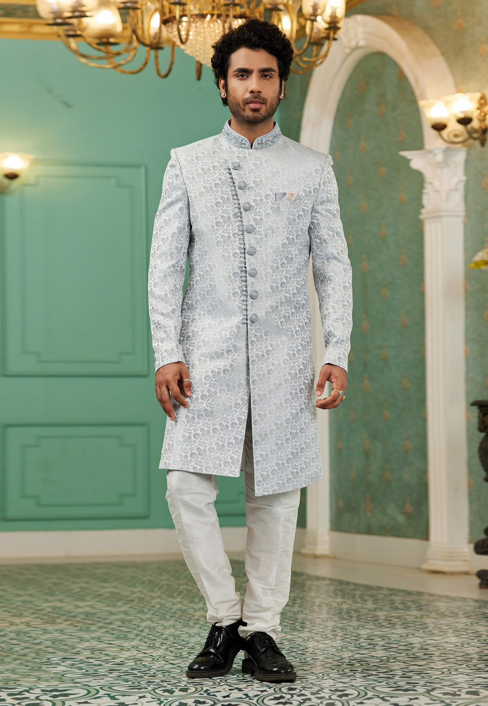 Grey Jacquard Silk Indo Western Sherwani 278301