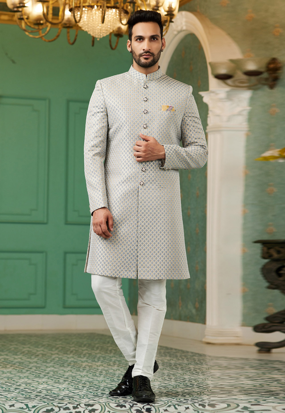 Grey Jacquard Silk Indo Western Sherwani 278307