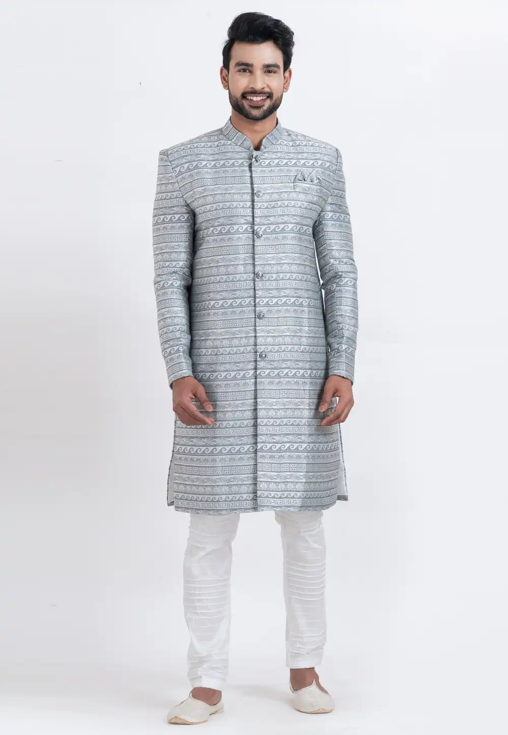 Grey Jacquard Silk Indo Western Suit 310263