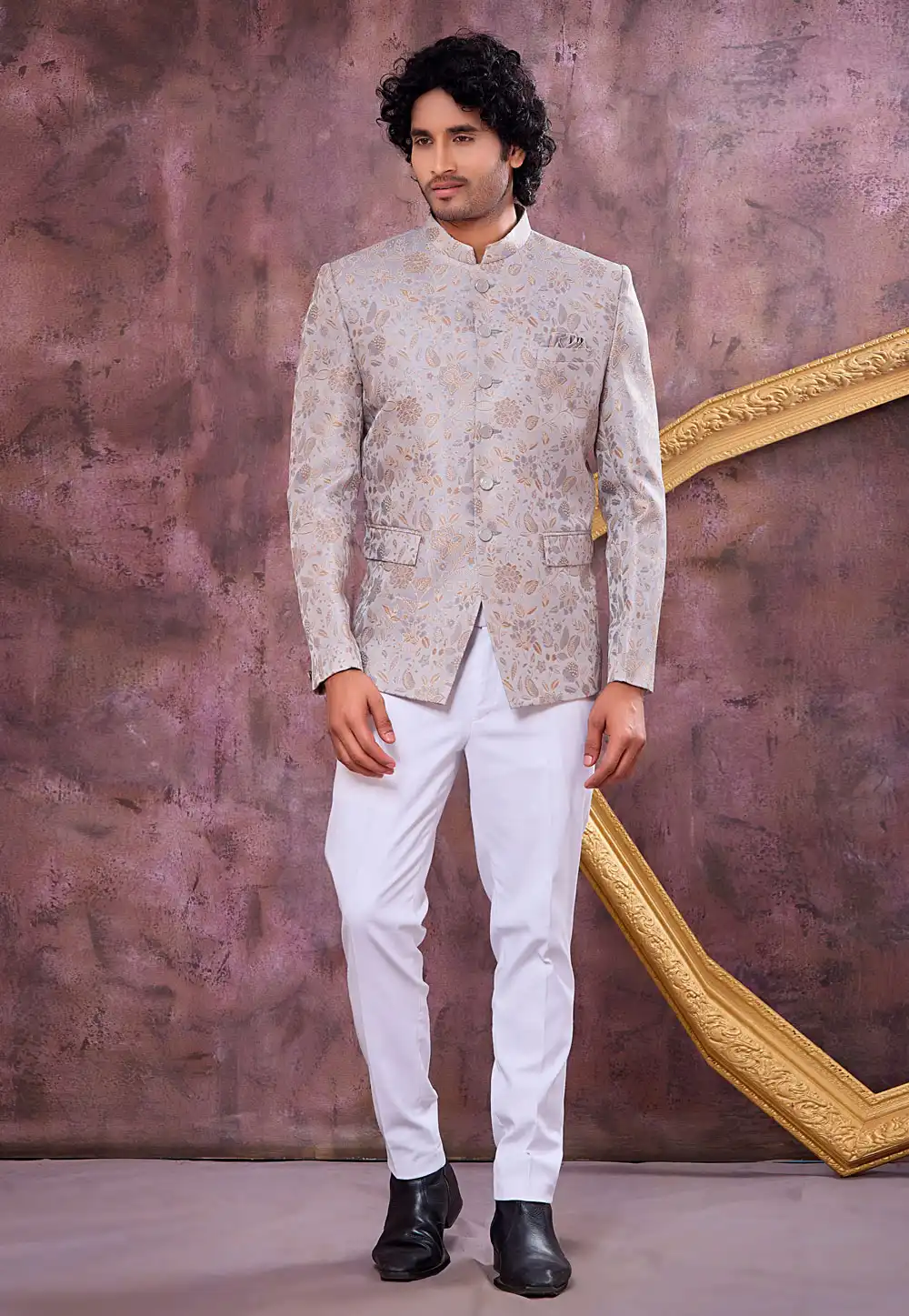 Grey Jacquard Silk Jodhpuri Suit 327083