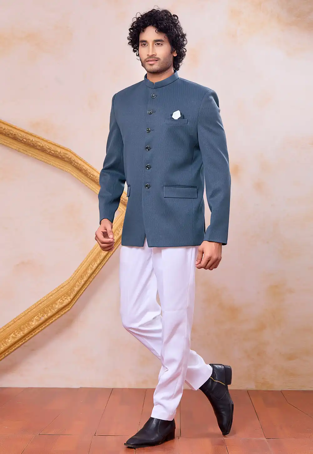 Grey Jacquard Silk Jodhpuri Suit 327086
