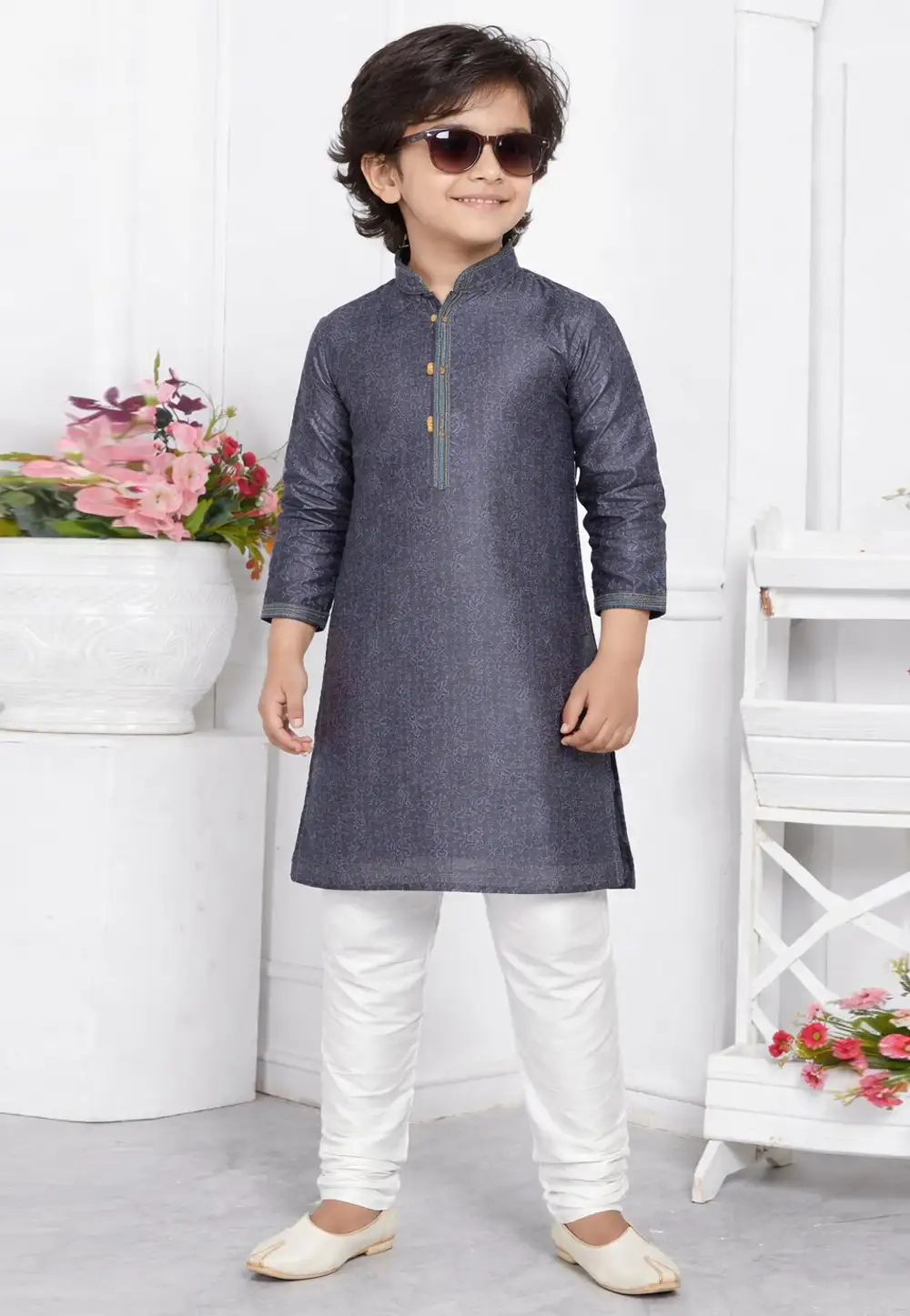 Grey Jacquard Silk Kids Kurta Pajama 330781