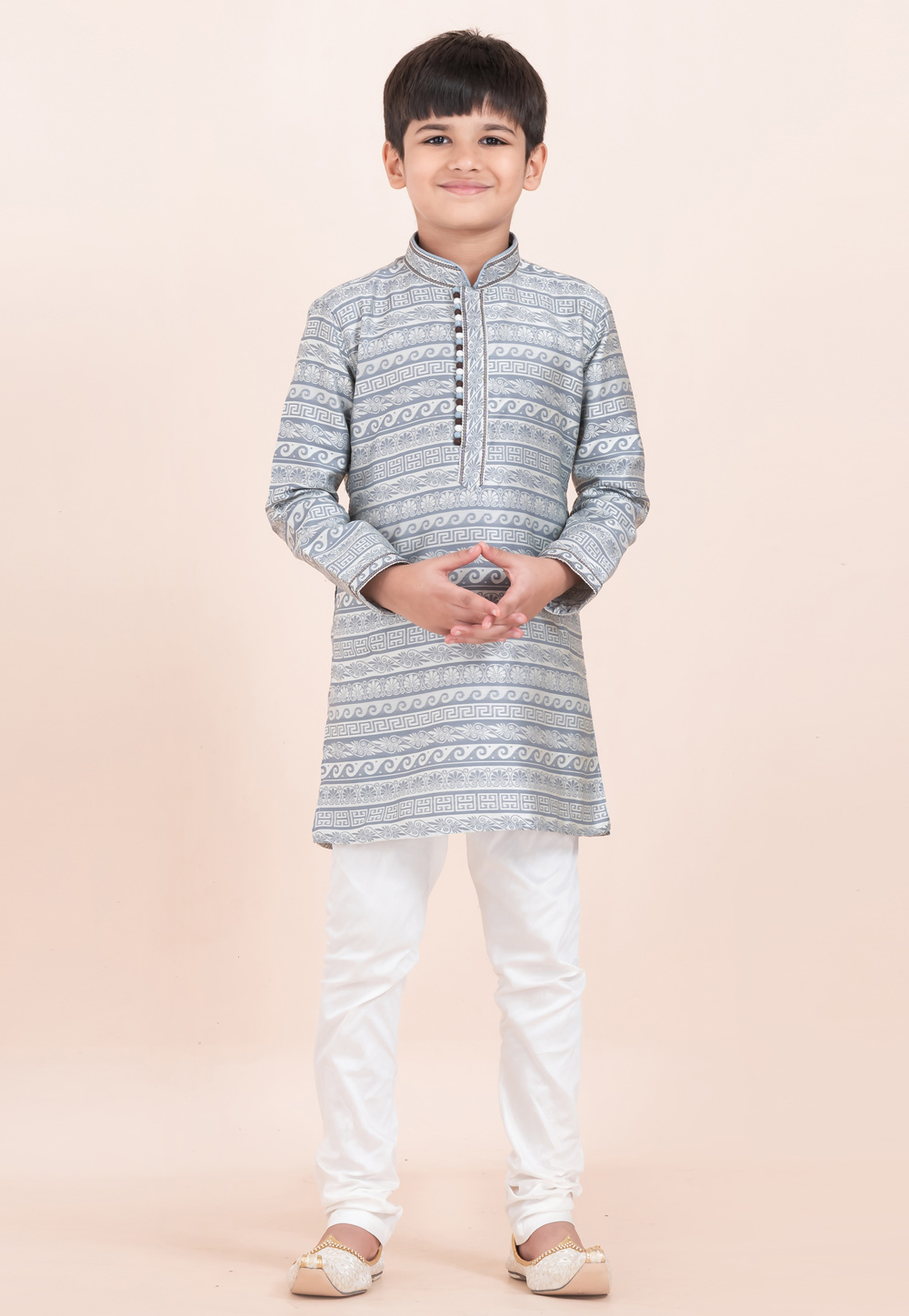 Grey Jacquard Silk Kids Kurta Pajama 305359