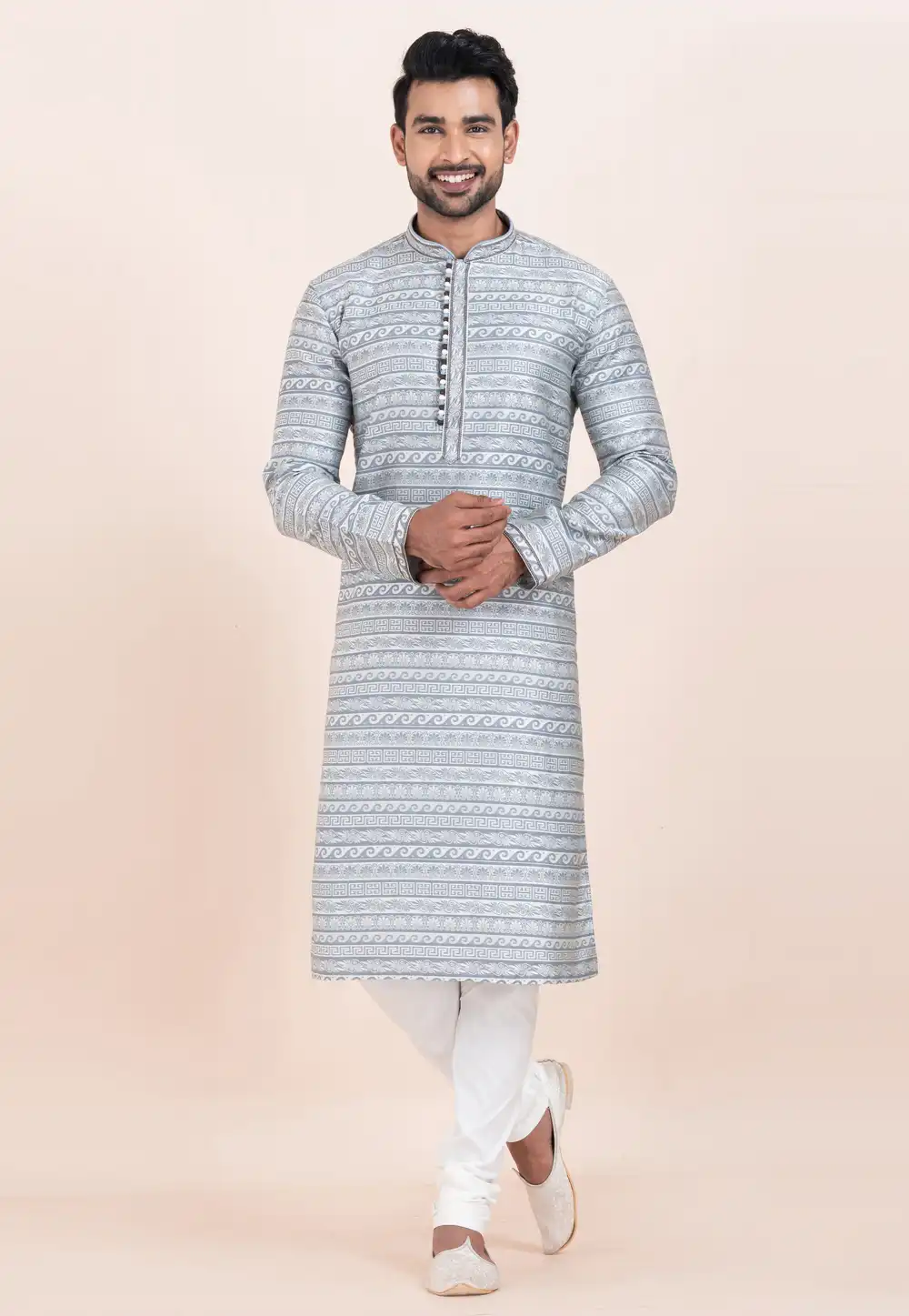 Grey Jacquard Silk Kurta Pajama 305173