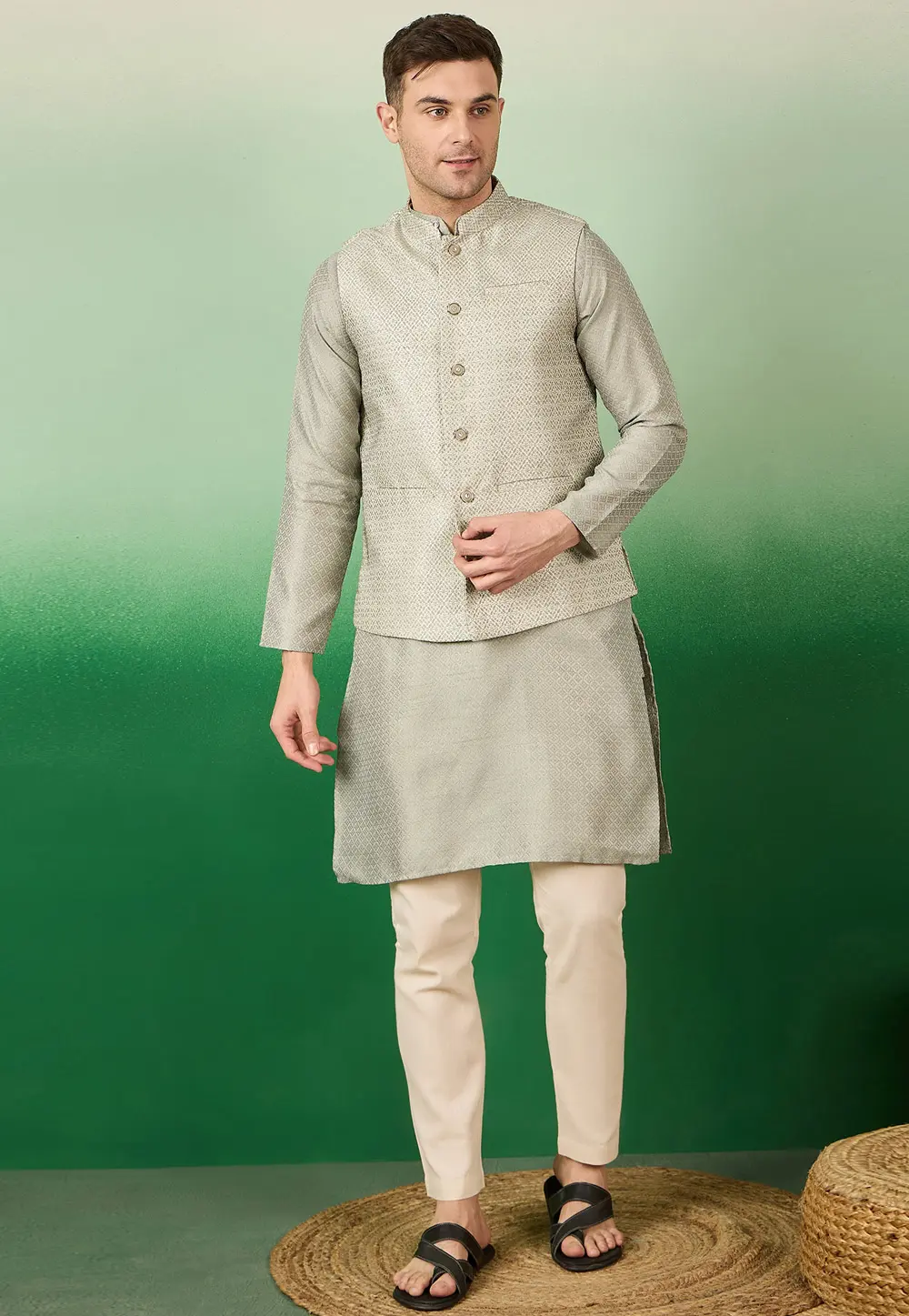 Grey Jacquard Silk Kurta Pajama With Jacket 331554