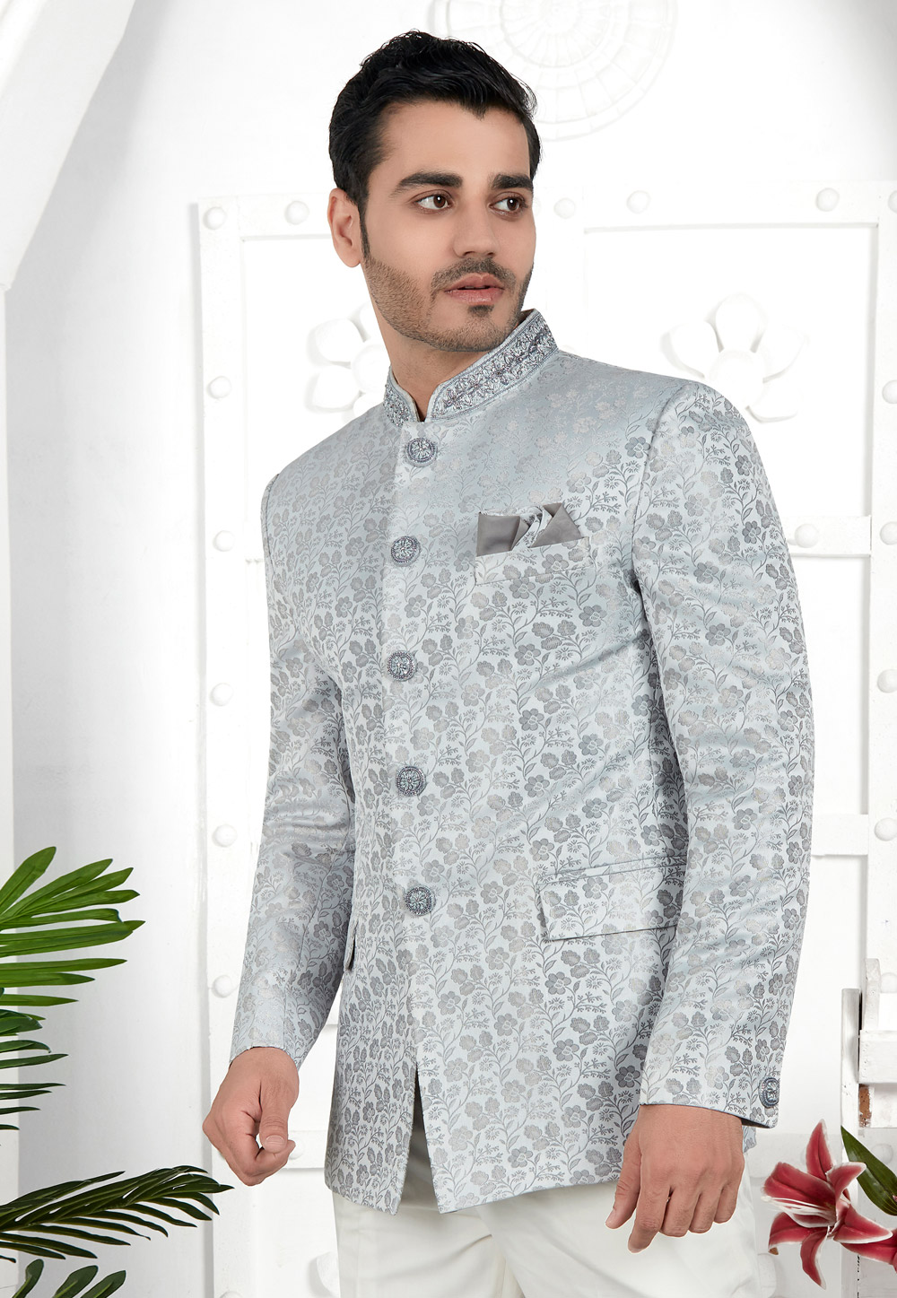 Grey Jacquard Silk Bandhgala Jacket 280369