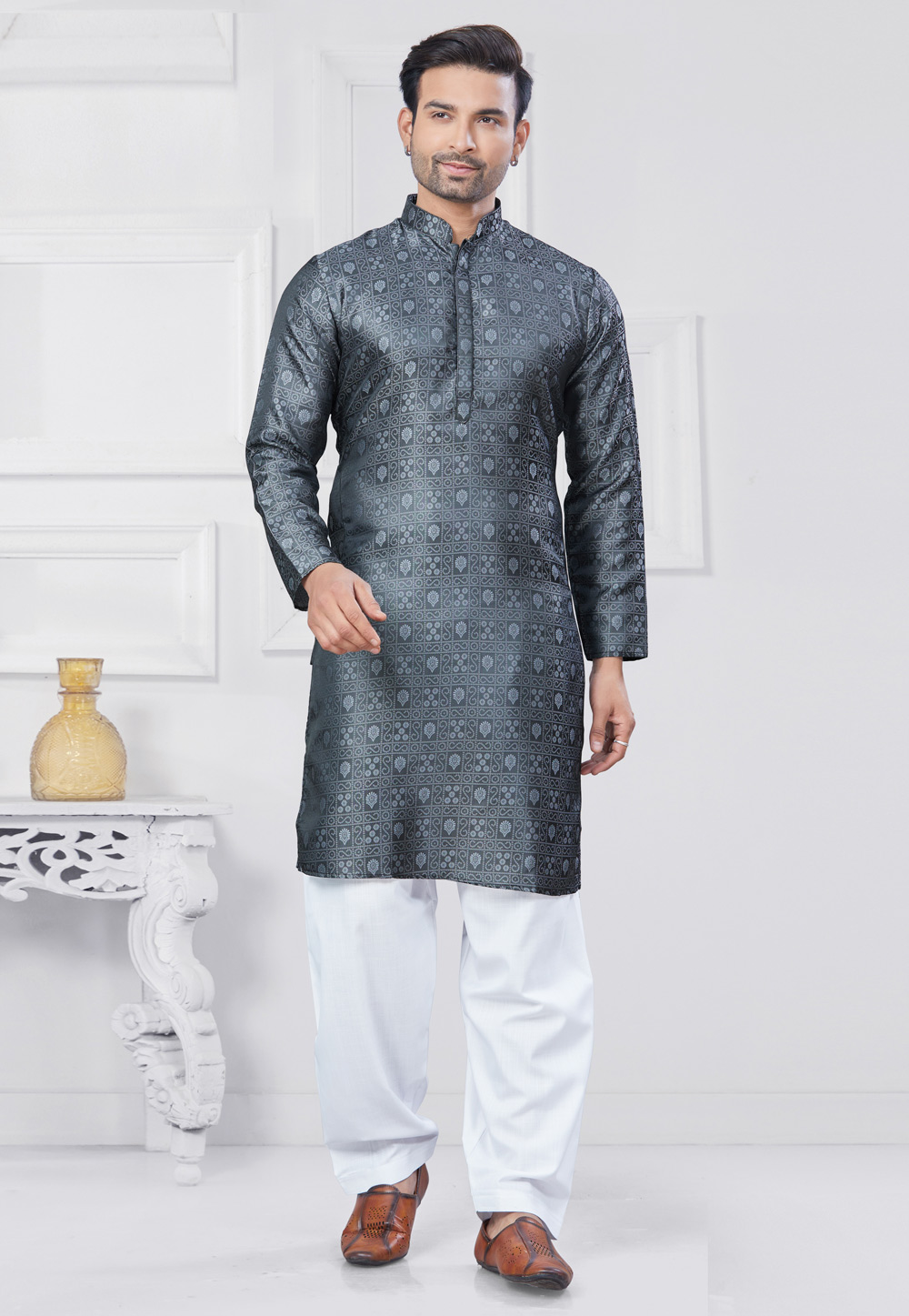 Grey Jacquard Silk Pathani Suit 307350
