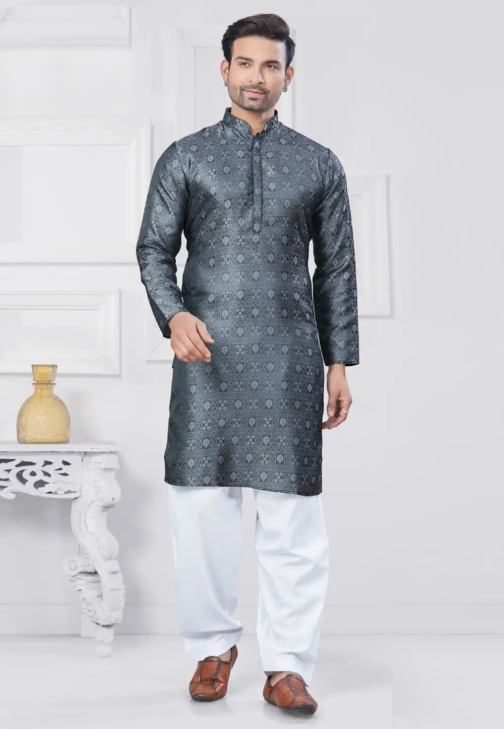 Grey Jacquard Silk Pathani Suit 307350