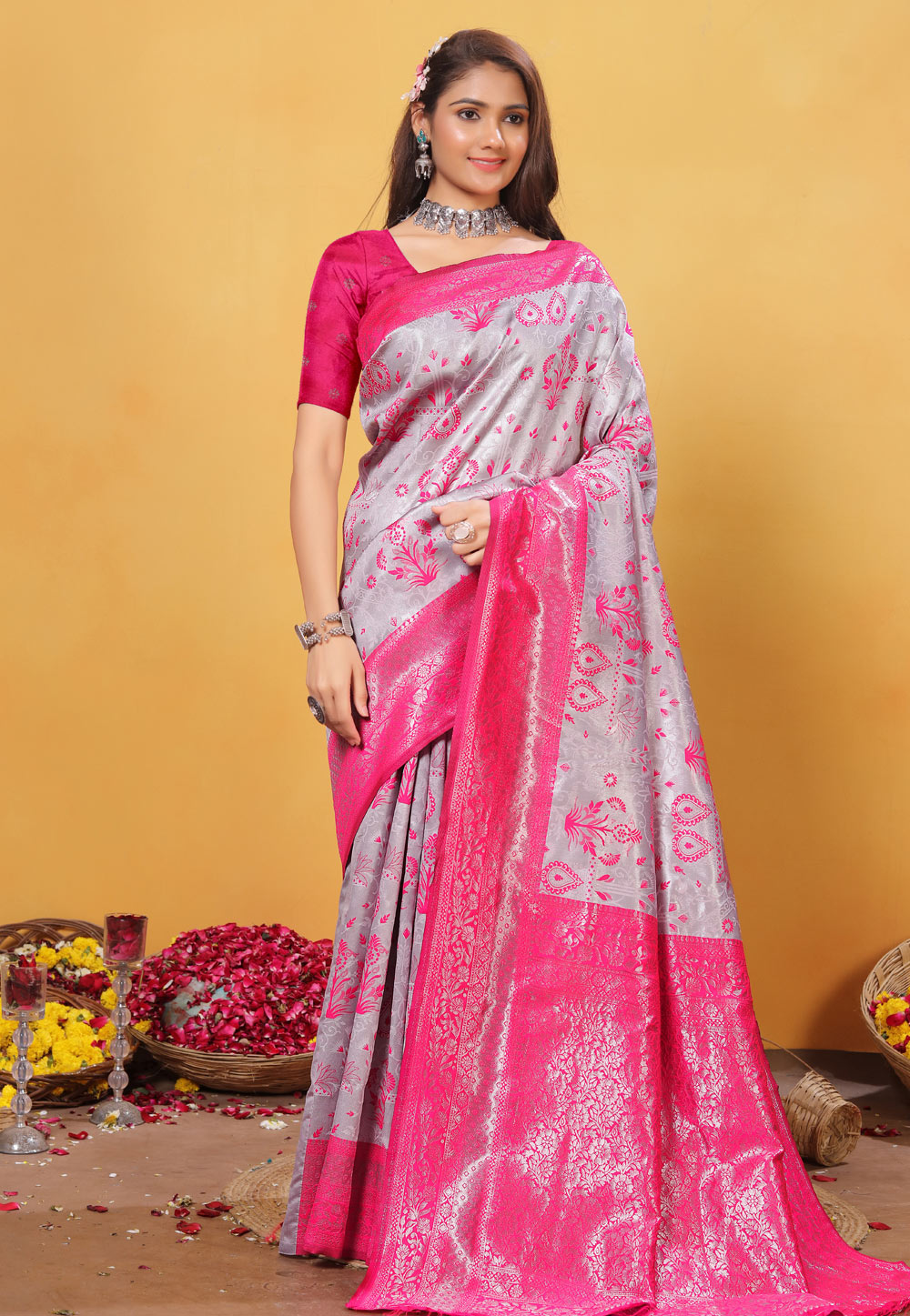 Grey Kanjivaram Silk Saree With Blouse 307709