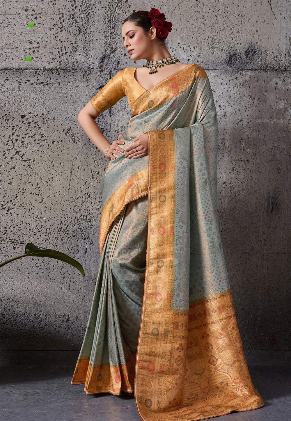 Grey Kanjivaram Silk Saree With Blouse 327537