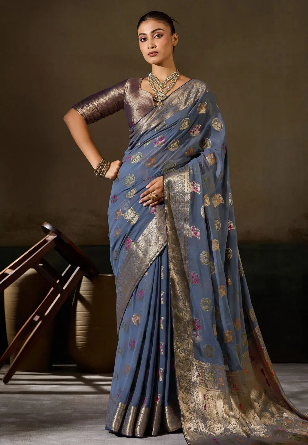 Grey Khadi Saree With Blouse 335585