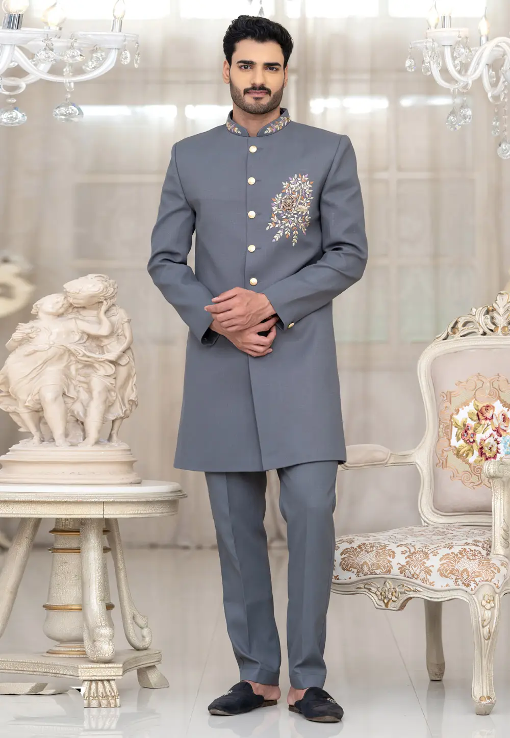Grey Linen Indo Western Suit 336521