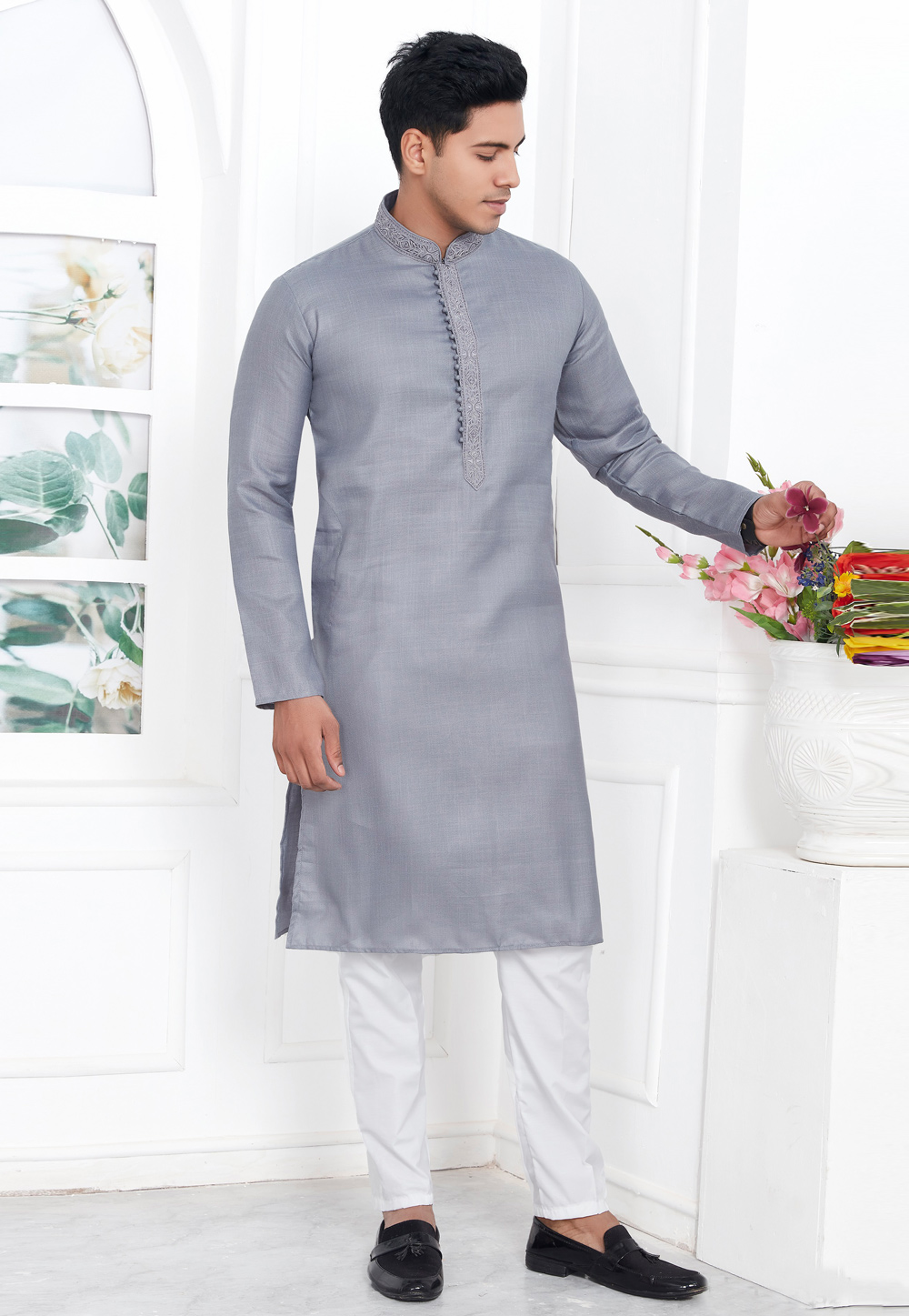 Grey Linen Kurta Pajama 283355