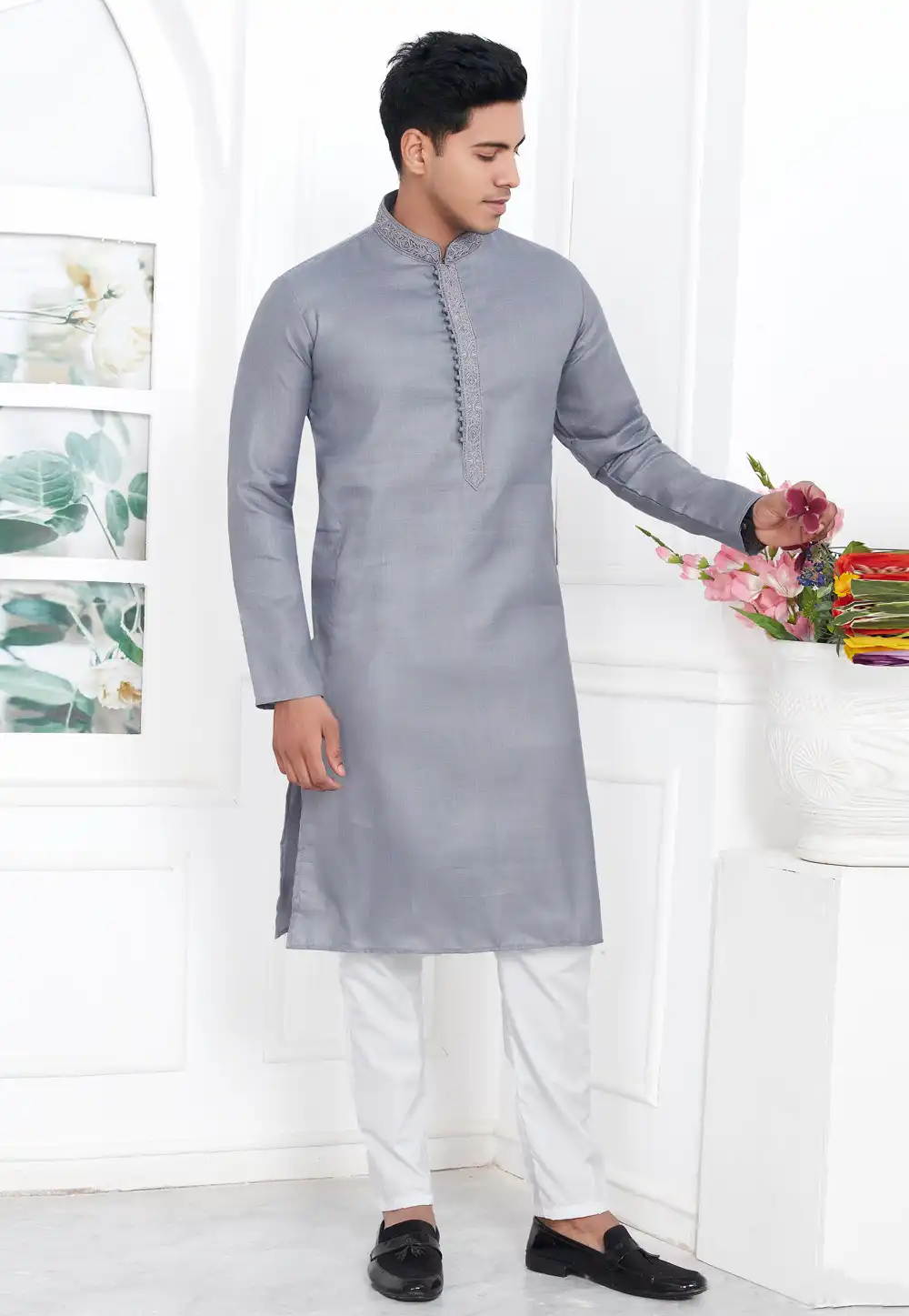 Grey Linen Kurta Pajama 283355