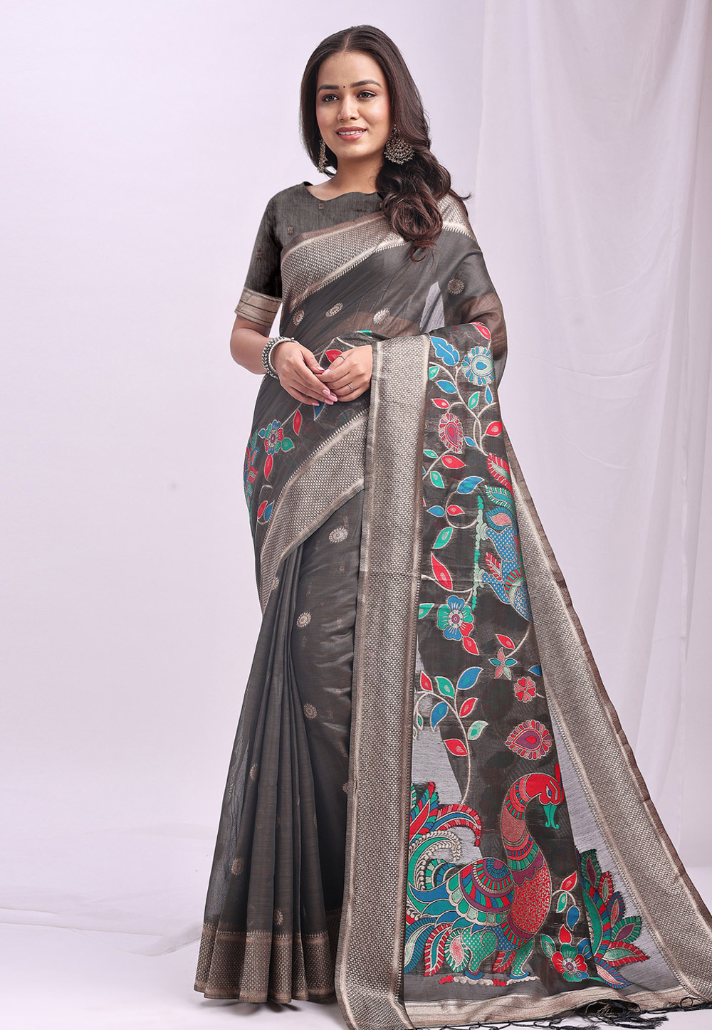 Grey Linen Saree With Blouse 312457