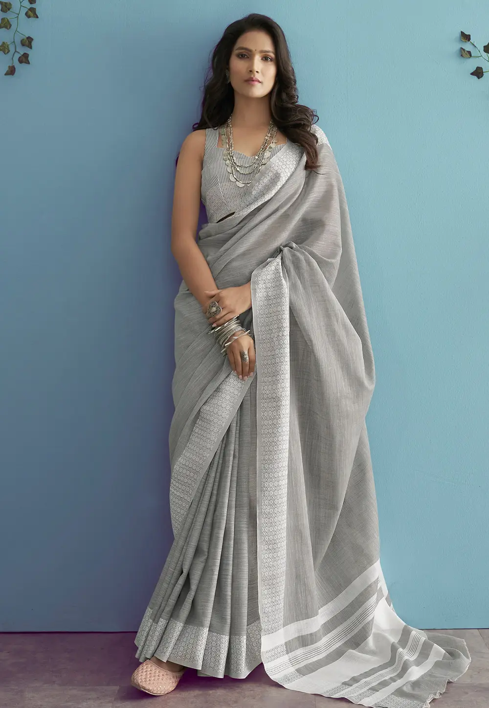 Grey Linen Saree With Blouse 332888