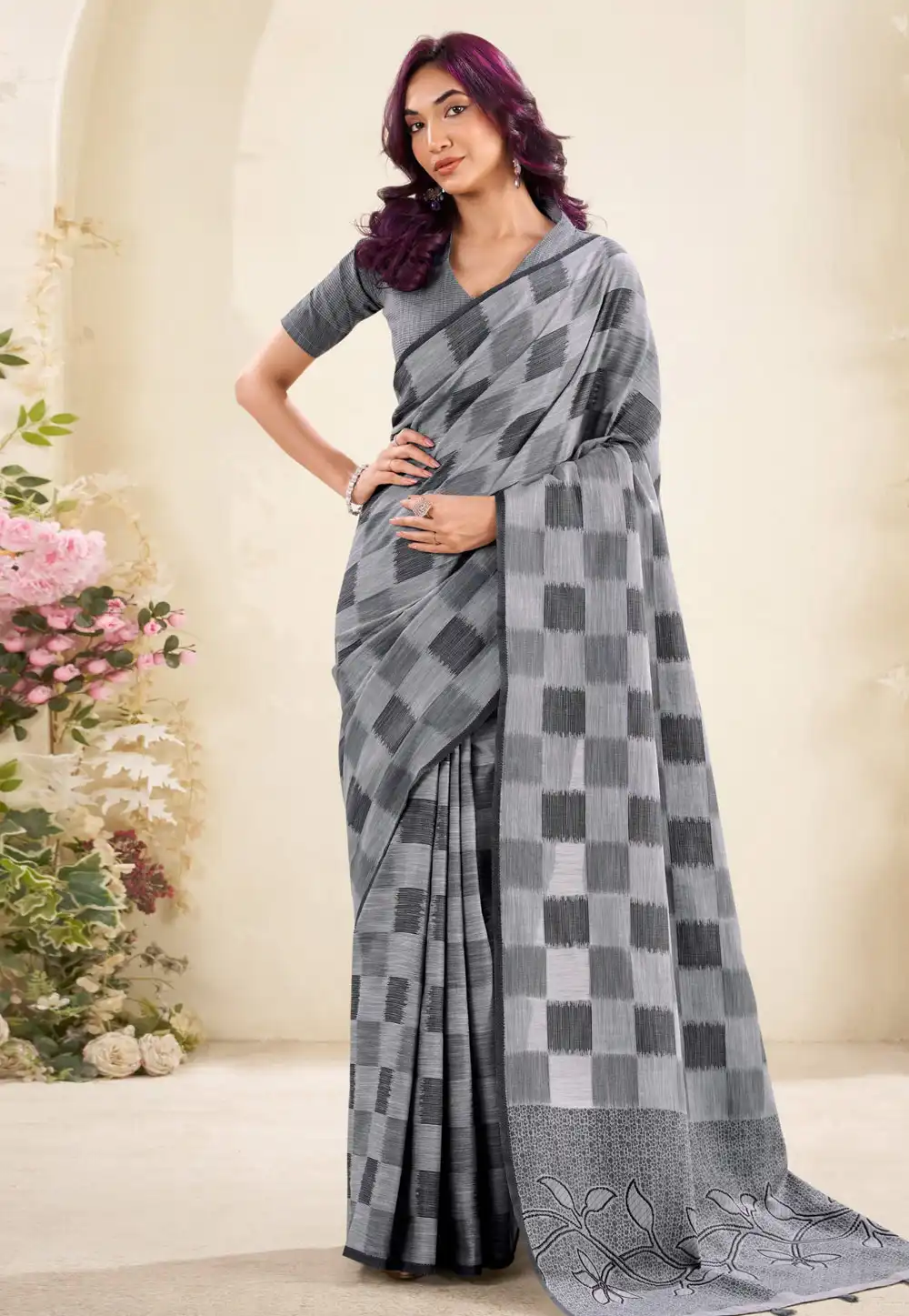 Grey Linen Saree With Blouse 316622