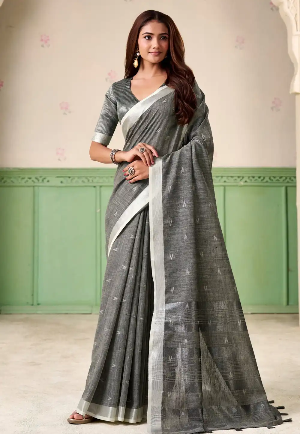 Grey Linen Saree With Blouse 319714