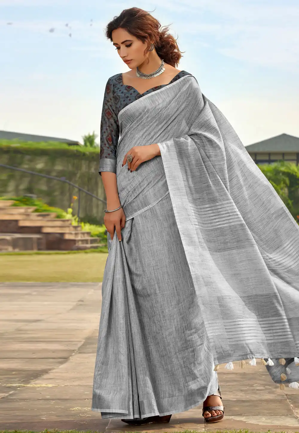 Grey Linen Saree With Blouse 330553