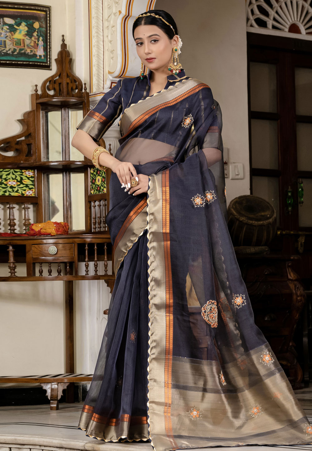 Grey Linen Saree With Blouse 310014
