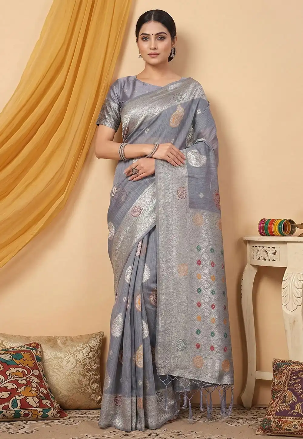 Grey Linen Saree With Blouse 326004