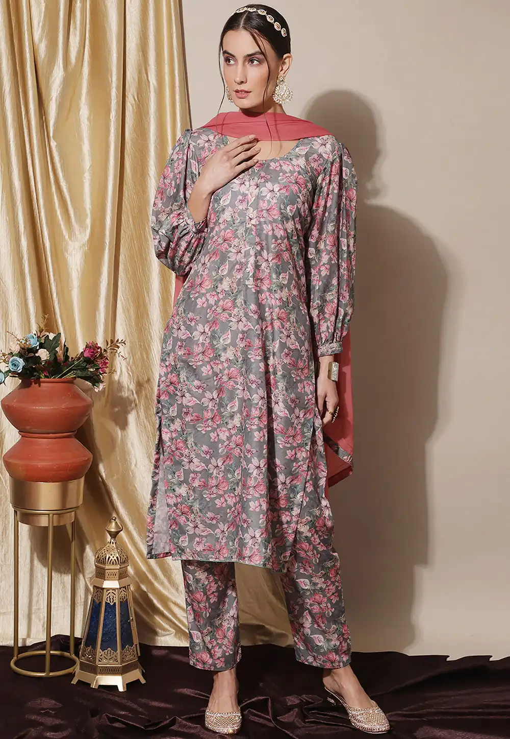 Grey Muslin Pakistani Suit 310589